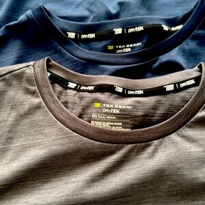 Two drytek shirts one grey one blue cut off work out shirts